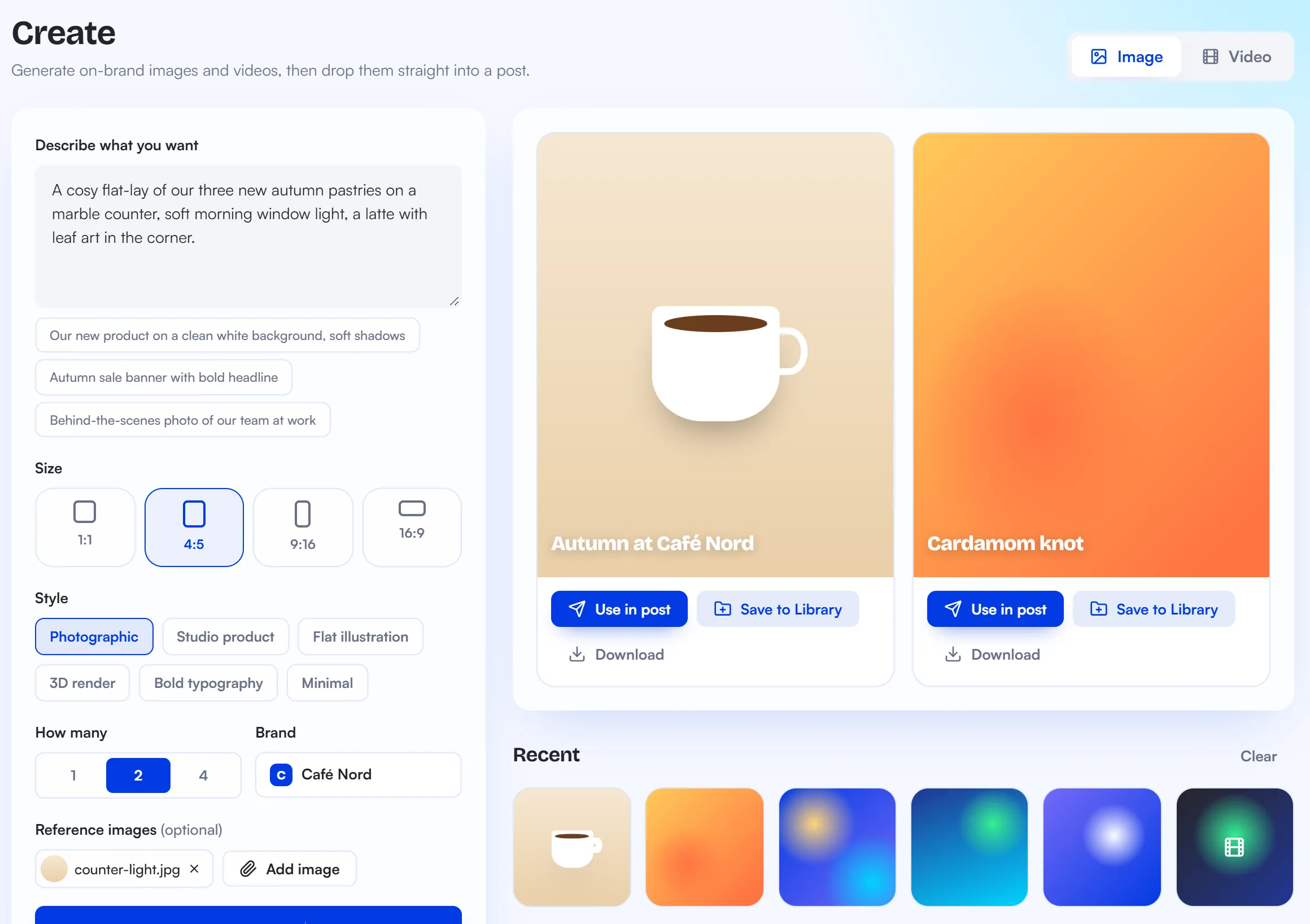 BrainPost Create studio generating on-brand images