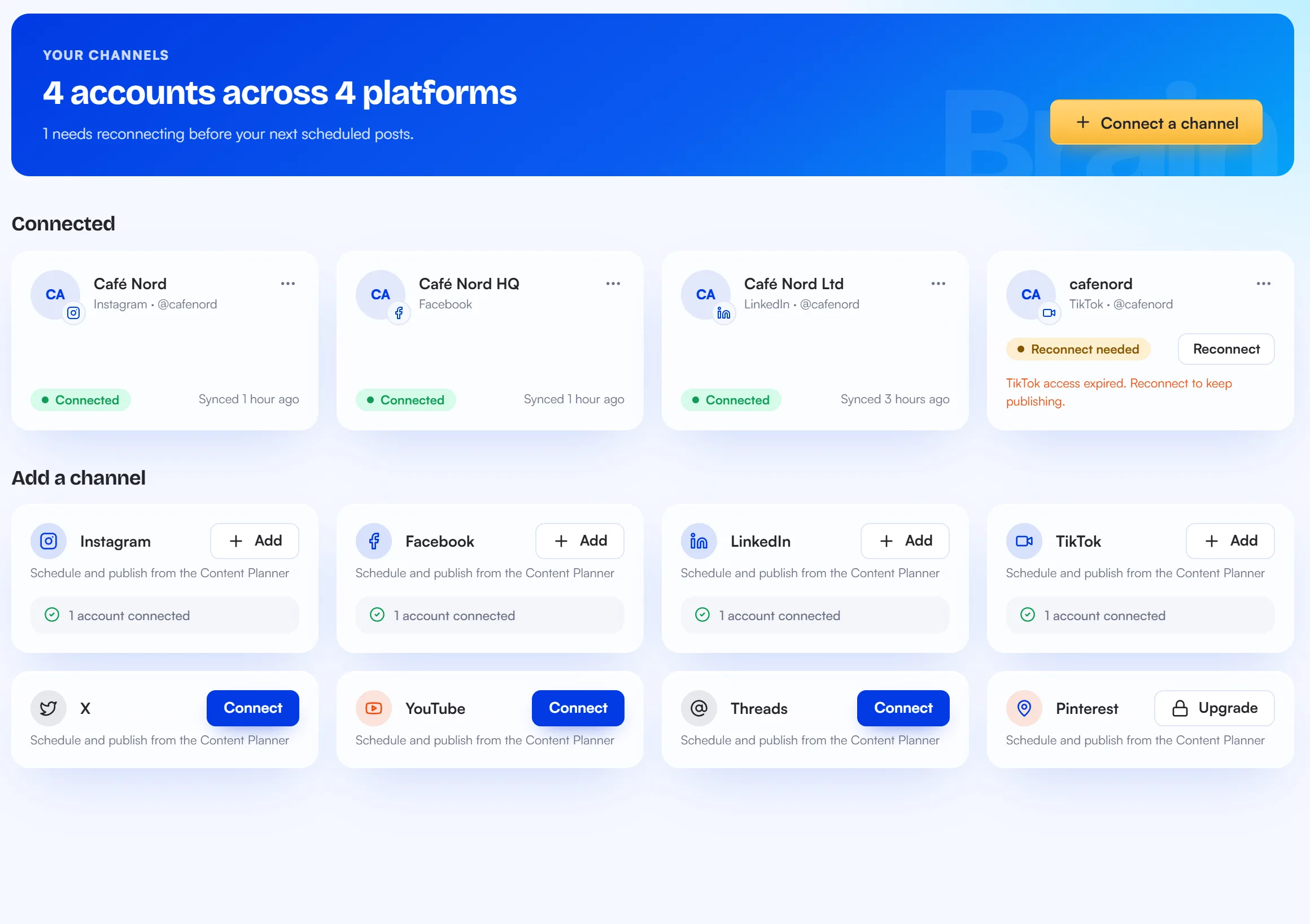 BrainPost Integrations page with connected social accounts