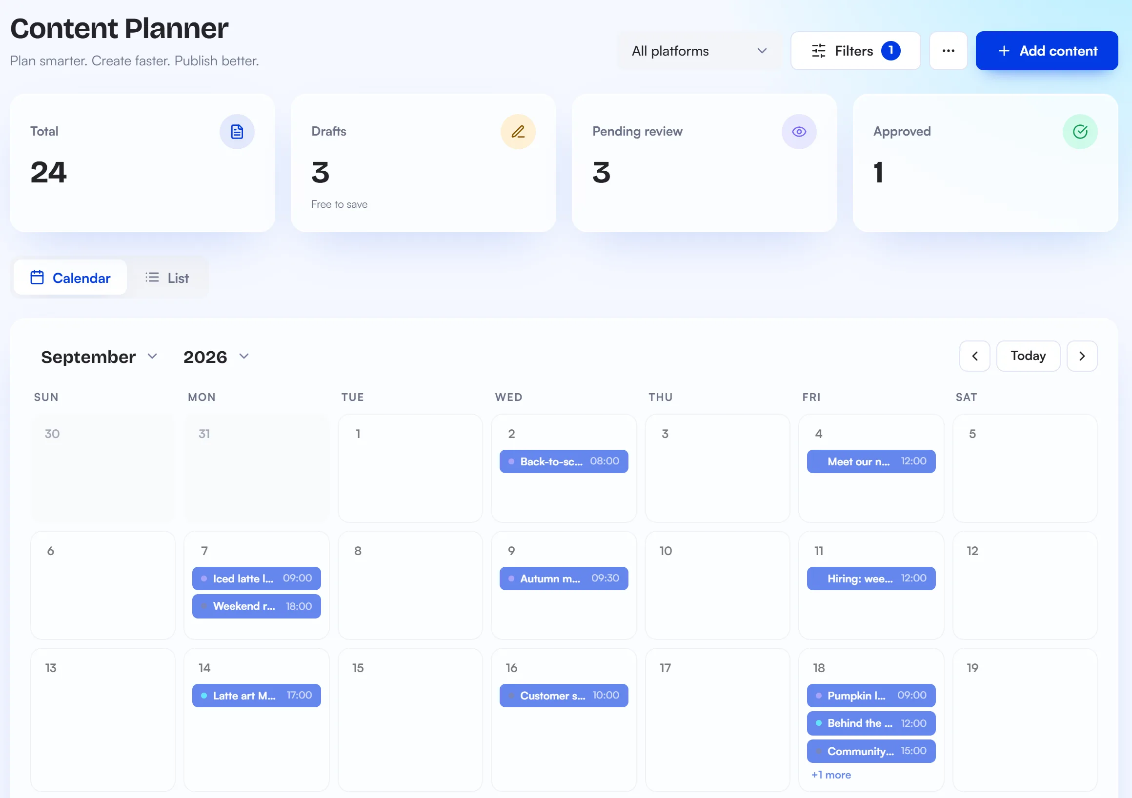 BrainPost Content Planner calendar with scheduled posts