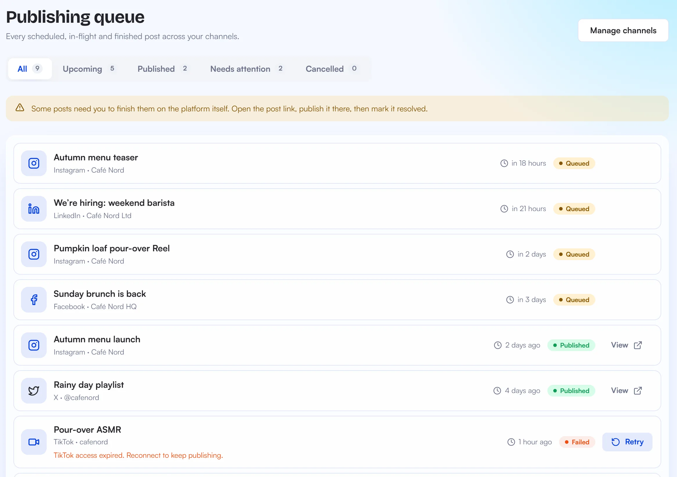 BrainPost Publishing queue showing published and queued posts